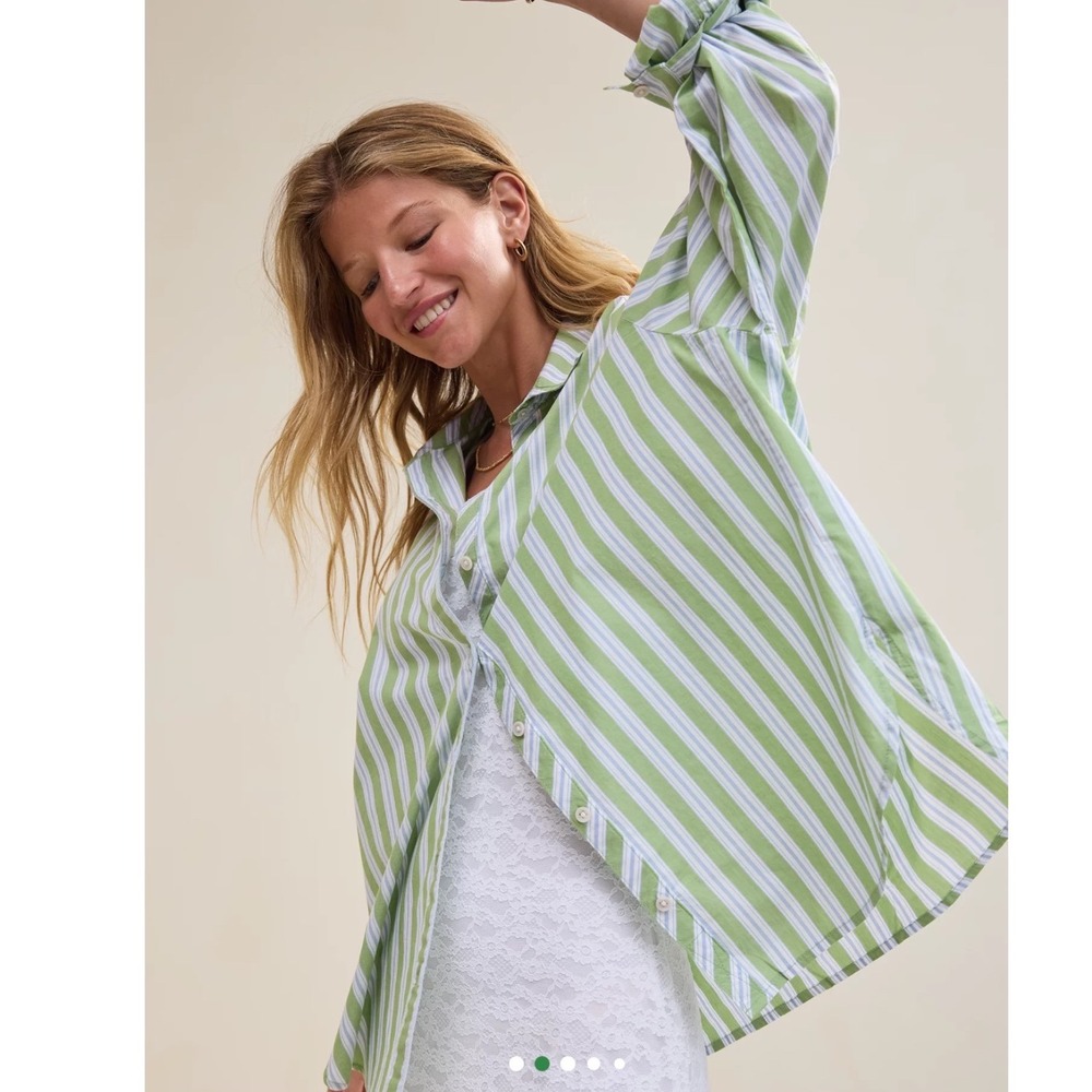 Aerie Good Day Striped Button Down Shirt Womens M Green Blue Oversized Classic